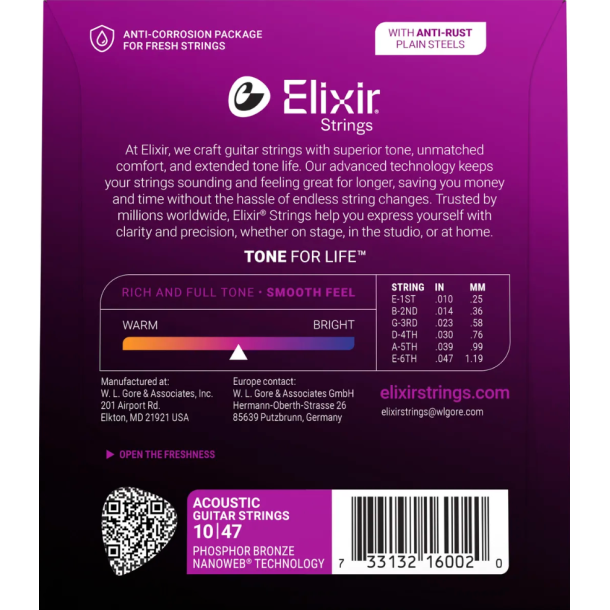 Elixir Nanoweb Acoustic Phosphor Bronze 16002 Extra Light 10-47